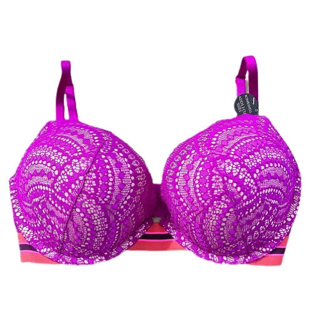 Victoria’s Secret Bombshell Plunge padded adds 2 cups lace bra berry rumba